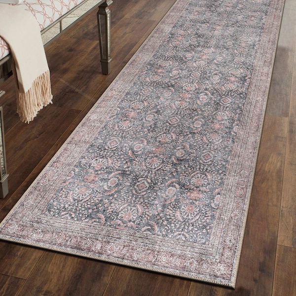 World Rug Gallery Vintage Inspired Machine Washable Non Slip Runner Rug 2 ft 6 in x 6 ft Charcoal 6029CHARCOAL26X6 - main