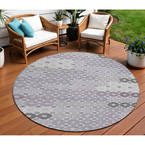 Homeroots 8' Lavender Gray And Ivory Round Floral Washable Indoor Outdoor Area Rug 617508 - main