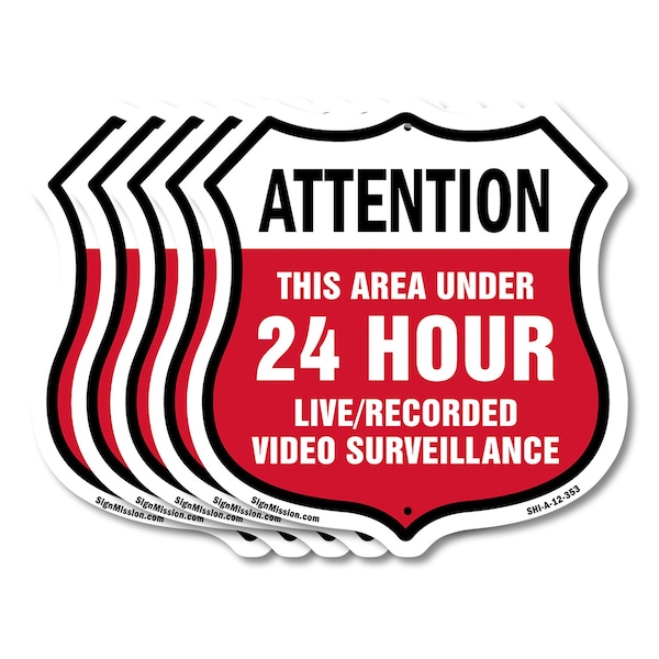 Signmission 24 Hour Surveillance Shield Sign Attenti, 12 inch X 12 inch, Aluminum Metal Sign, 5PK SHI-A-5Pack-12-353 - main