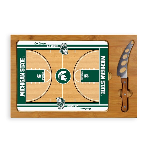 Picnic Time Family Of Brands NCAA Michigan State Spartans Basketball Court Icon Glass Top Cutting Board & Knife Set 910-00-505-355-0 - main
