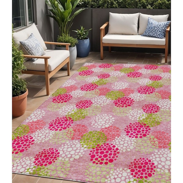 Homeroots 5' X 8' Pink Green And Ivory Polka Dot Washable Indoor Outdoor Area Rug 594275 - main