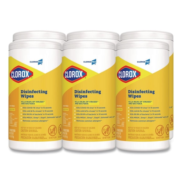 Clorox CloroxPro Disinfecting Wipes, 1-Ply, 7 x 8, Lemon Fresh, White, 75/Canister, 6PK 15948 - main