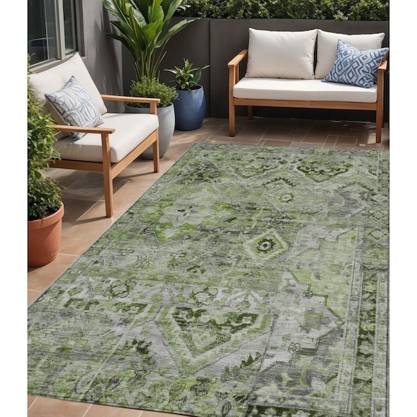 Homeroots 5' X 8' Artichoke Green And Gray Floral Medallion Washable Indoor Outdoor Area Rug 616611 - main