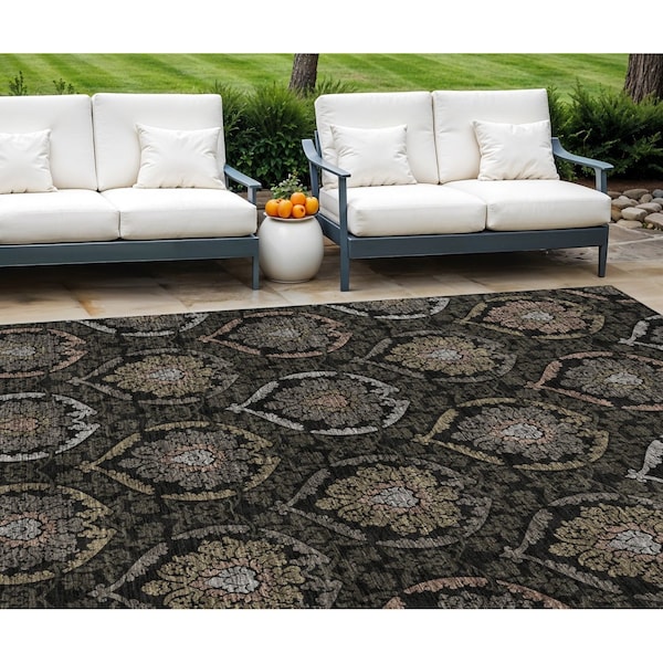 Homeroots 9' X 12' Black Gray And Brown Medallion Washable Indoor Outdoor Area Rug 587696 - main