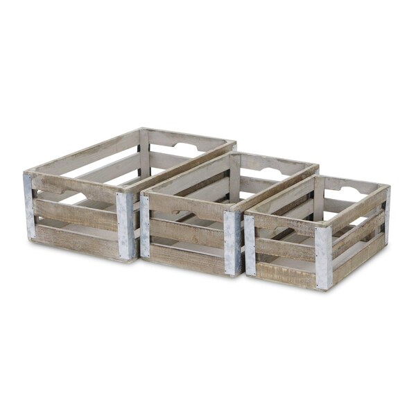 Homeroots Set of Three Natural Solid Wood And Metal Crate, 3PK 487702 - main