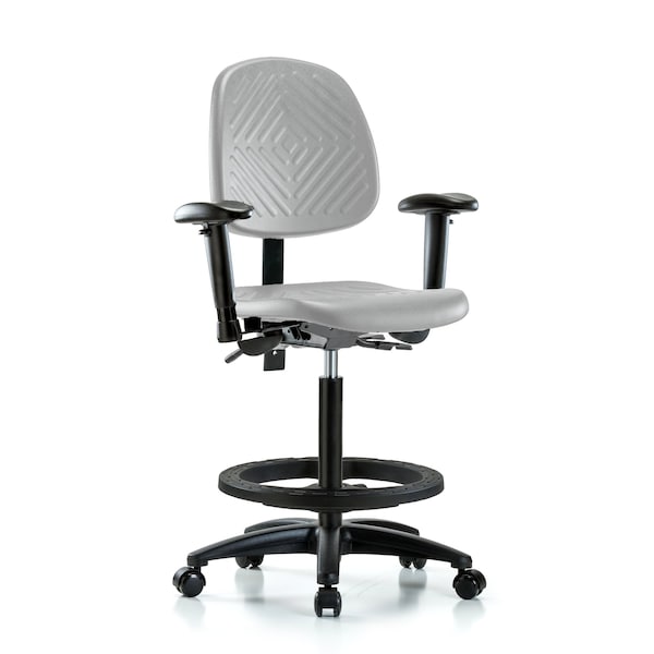 Blue Ridge Ergonomics Poly Chair-High Bench Height with Med Back, Seat Tilt, Adj Arms, Black Foot Ring, &Casters in Gray Poly PHBCH-MB-RG-T1-A1-BF-RC-GRY - main