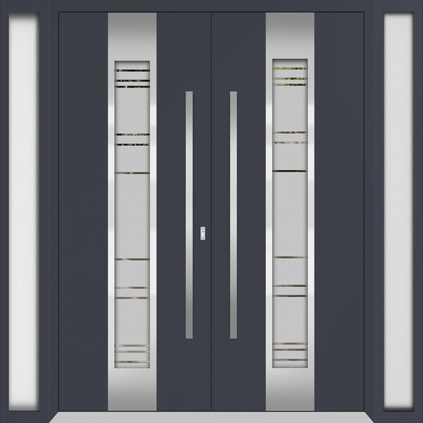 Vdomdoors Metal Double Doors Deux 0757 Gray Graphite Frosted Glass 2 Sidelights Entry Modern Painted 96x80 (W DEUX0757DEXD-GRE-W12+72+12xH80-RH-I - main