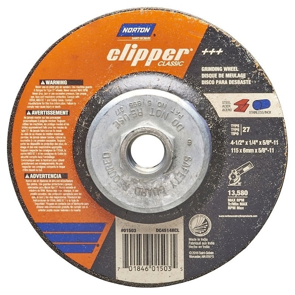 Norton Clipper Clipper Classic A AO Series Grinding Wheel, 412 in Dia, 14 in Thick, 5811 Arbor 70184601503 - main