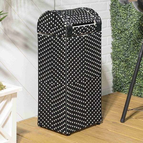 Happimess Darla 14.27-Gallon All-Weather Wicker/Metal Swing Top Hideaway Outdoor Trash Can, Dark Navy/White HPM1201E - main