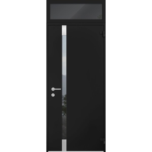 Vdomdoors Steel Door Cynex 6777 Black Transom Window Stainless Inserts Single Modern Painted-W36xH80+16-Right CYNEX6777EXD-BLK-W36 x H80+16-Right-hand Outswing - main