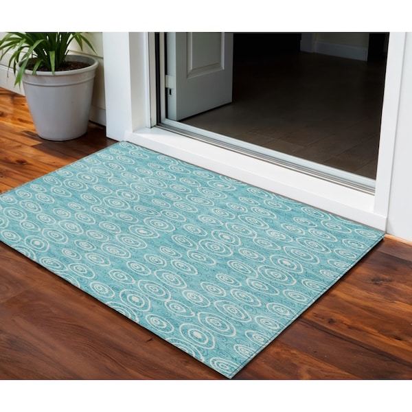 Homeroots 3' X 5' Teal Blue And Ivory Geometric Washable Indoor Outdoor Area Rug 583390 - main