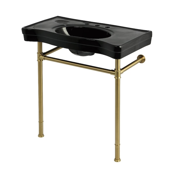 Kingston Brass 36" Ceramic Console Sink with Stainless Steel Legs, 8-Inch, 3-Hole, Black/Brushed Brass KVPB36198K87 - main