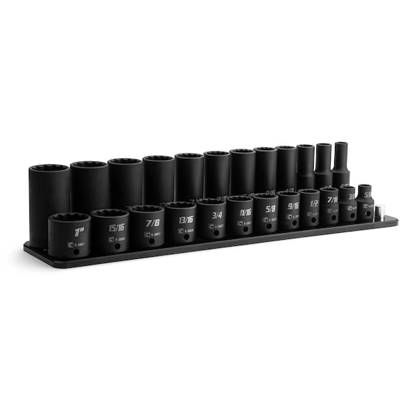 Capri Tools 3/8 in. Drive Shallow/Deep Impact Socket Set, 12-Pt, SAE, 24-Pc w/ Black Billet Aluminum Socket Rail CP53800-24SSDR-BK - main