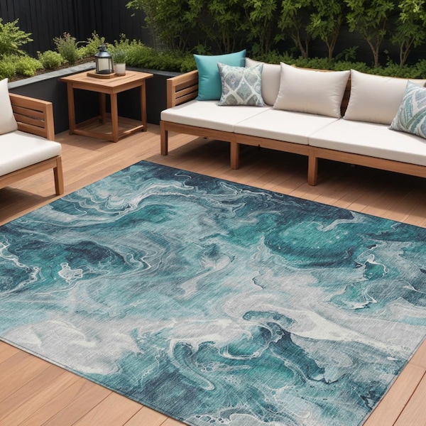 Homeroots 9' X 12' Teal Blue And Ivory Abstract Washable Indoor Outdoor Area Rug 617804 - main