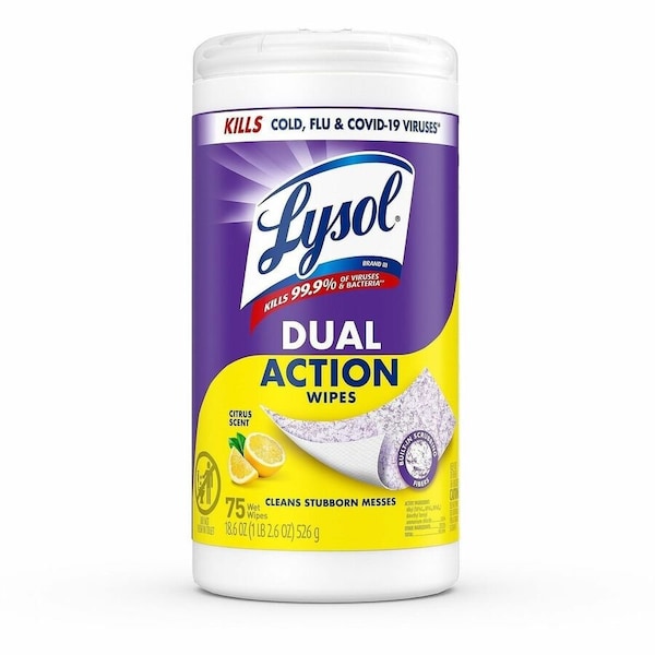 Reckitt Benckiser LYSOL, Dual Action Disinfecting Wipes, Citrus, 7 X 8, 75/canister 81700 - main