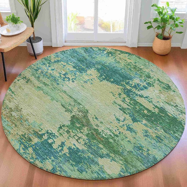 Homeroots 8' Teal Blue Beige And Denim Blue Round Abstract Washable Indoor Outdoor Area Rug 630749 - main