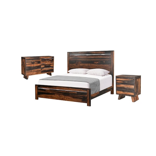 Homeroots Three Piece Dark Brown Solid Wood Bedroom Set 552147 - main