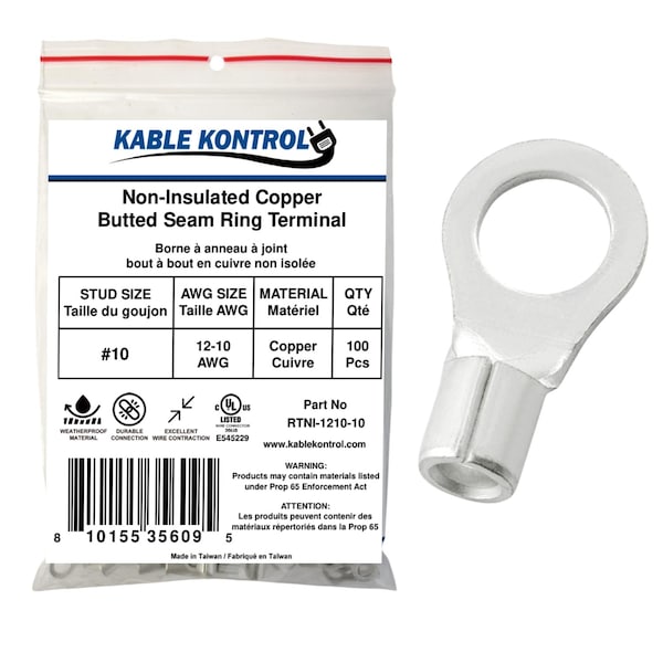 Kable Kontrol Non Insulated Copper Butted Seam Ring Terminal, 12-10 AWG, Stud Size # 10, 100 Pcs, 100PK RTNI-1210-10 - main
