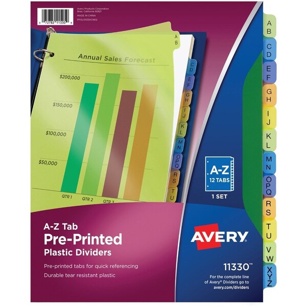 Avery Dennison Avery Preprinted Plastic Divider, Printed A to Z, 8.5"x11", 12 Tabs, Yellow/Assorted 11330 - main