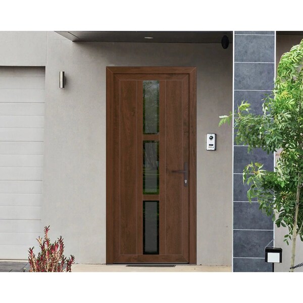 Vdomdoors Front Exterior Prehung Metal-Plastic Door, Manux 8112 Walnut, Office Commercial and Residential Doo MANUX8112EXD-WLN-W36xH80-LH - main