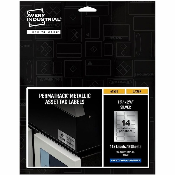 Avery Durable Metallic Asset Tag Labels, PK112, Film, 9.44 in W, 1-1/4" x 2-3/4" Dia., Silver, Rectangle 61528 - main