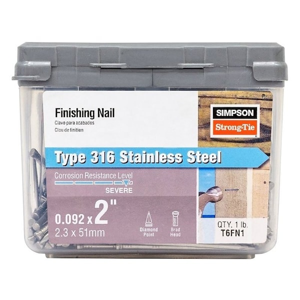 Simpson Strong-Tie Finishing Nail, 6D, 2 in L, 13 ga Gauge, Stainless Steel, Brad Head, Smooth Shank T6FN1 - main