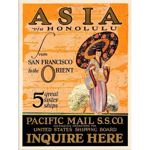 Homeroots Asia Via Honolulu Vintage Travel Unframed Print Wall Art 388273 - main