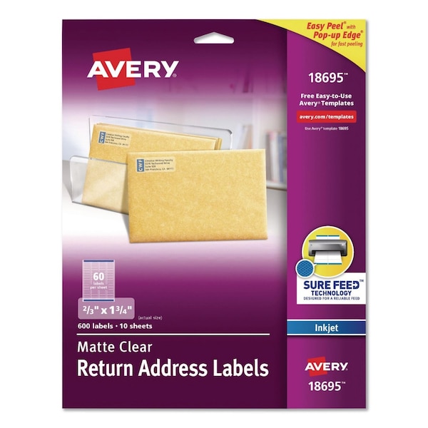 Avery Easy Peel Return Address Labels with Sure Feed Technology, Inkjet, 0.66 x 1.75, Matte Clear, 600PK 18695 - main