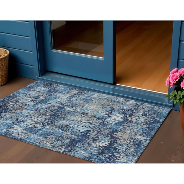 Homeroots 3' X 5' Navy Blue And Denim Blue Striped Washable Indoor Outdoor Area Rug 609558 - main