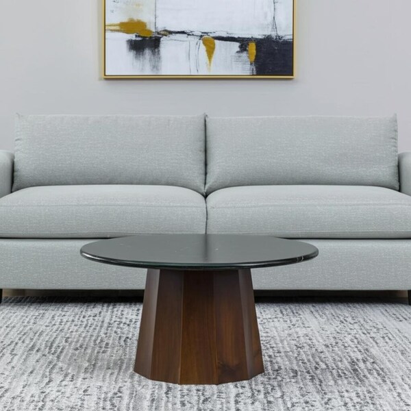 Homeroots 35" Black and Walnut Genuine Marble and Solid Wood Round Pedestal Coffee Table 565083 - main