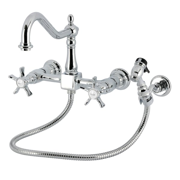 Kingston Brass Two-Handle Wall Mount Bridge Kitchen Faucet with Brass Sprayer, Polished Chrome KS1241NXBS - main