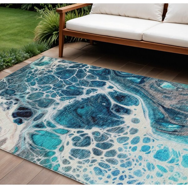 Homeroots 10' X 14' Teal Blue And Navy Blue Nautical Washable Indoor Outdoor Area Rug 581514 - main