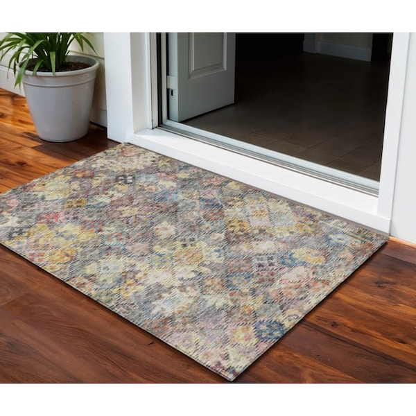 Homeroots 3' X 5' Gold Blue And Brown Floral Washable Indoor Outdoor Area Rug 604150 - main