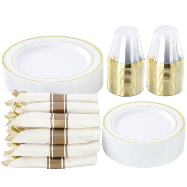 Elama 350 Piece Disposable Plastic Dinnerware Party Set for 50 Guests in White with Gold Trim 750123348M - main