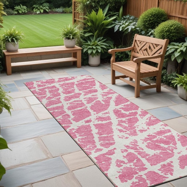 Homeroots 8' Runner Pink and Ivory Abstract Washable Non Skid Indoor Outdoor Runner Rug 559299 - main