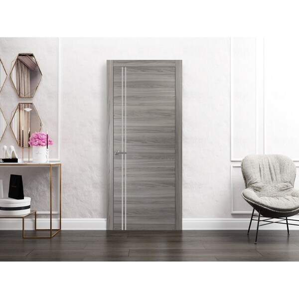 Sartodoors Modern Solid Interior Door with Handle, Planum 0310 Ginger Ash and Aluminum Strips, Single Regural PLANUM0310ID-GA-18 - main