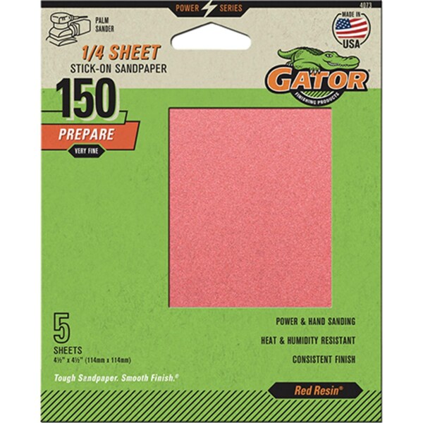 Gator Finishing Red Resin 1/4 Sheet Stick-On Sandpaper, 150 Grit, 5PK 4073 - main