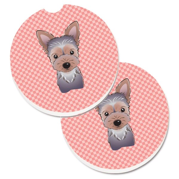 Carolines Treasures Checkerboard Pink Yorkie Puppy Set of 2 Cup Holder Car Coaster BB1232CARC - main