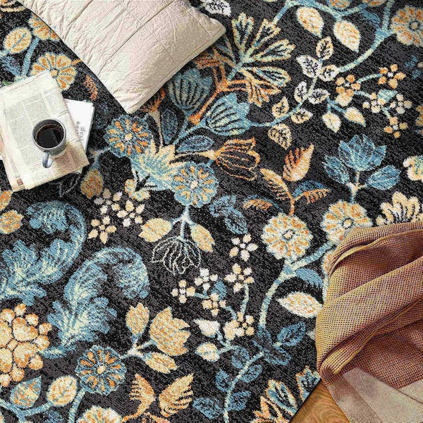 World Rug Gallery Symmetrical Floral Area Rug 5 ft x 7 ft Black WR146BLACK5X7 - main