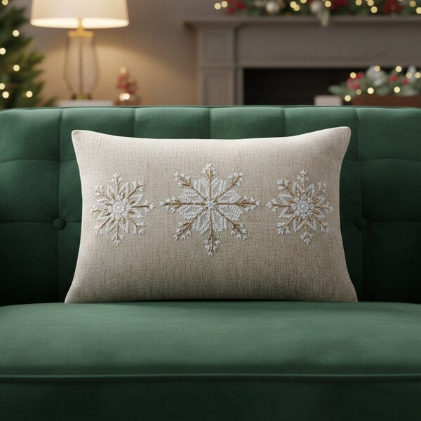 Homeroots 14" X 20" Beige Ivory And Gold Christmas Snowflakes Throw Pillow With Embroidery 719255 - main
