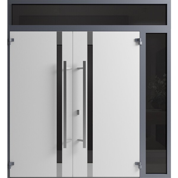 Vdomdoors Front Exterior Prehung Aluminum Double Doors Ronex1011 Grey Mirrored Clear Glass 1 Sidelight and RONEX1011DEXD-GRE-W72+14xH80+16-LH-I - main