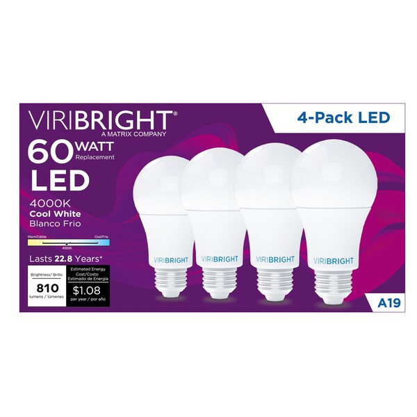 Viribright A19 E26 CEC T20 LED LIGHT BULB 4000K, 4PK EA19/T20/4K/450108-4 - main