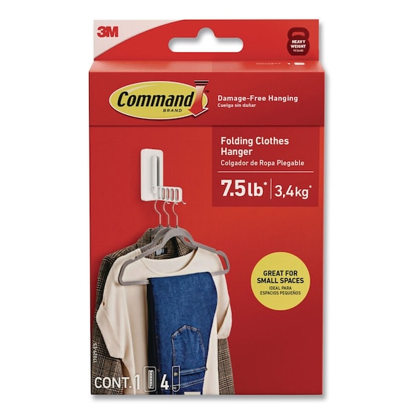 Command Folding Clothes Hanger Arm, Individual Slots for 5 Clothes Hangers, Plastic, White, Supports 7.5 lb 17029-ES - main