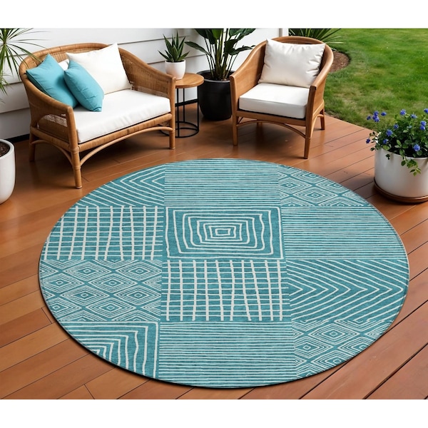 Homeroots 8' Teal Blue And Ivory Round Geometric Washable Indoor Outdoor Area Rug 600782 - main