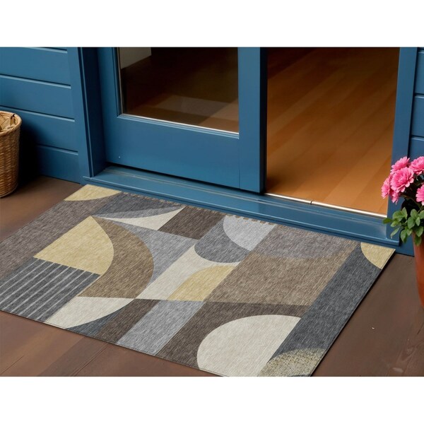 Homeroots 3' X 5' Brown Taupe And Wheat Geometric Washable Indoor Outdoor Area Rug 616718 - main