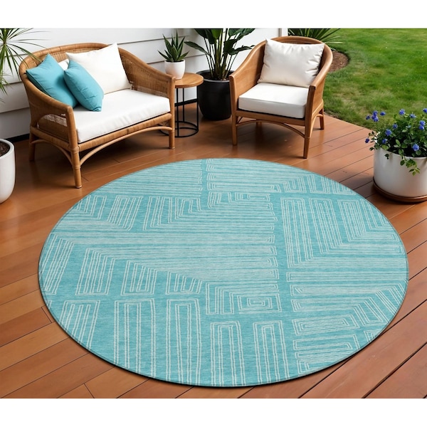 Homeroots 8' Turquoise And Ivory Round Geometric Washable Indoor Outdoor Area Rug 600866 - main