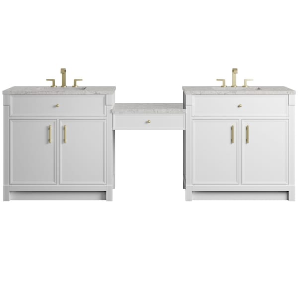 James Martin Vanities Bellshire 96" Dual Vanity Set w/24" Make-Up Counter, Bright White w/3 cm Eternal Jasmine Pearl Siles 660-VMC96-BW-3EJP - main