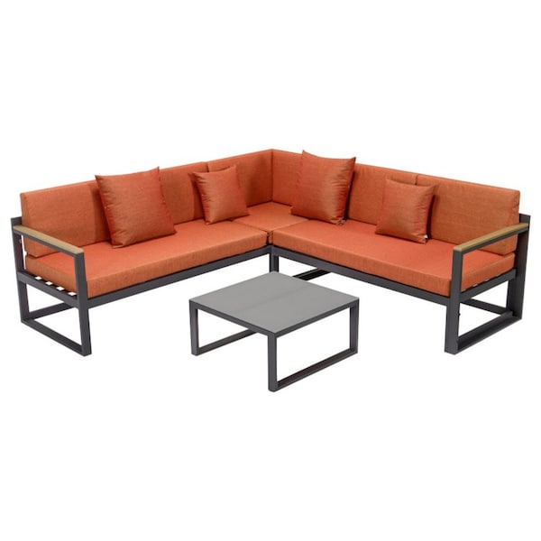 Leisuremod Chelsea Black Sectional With Adjustable Headrest & Coffee Table With Orange Cushions CSLBL-80OR - main