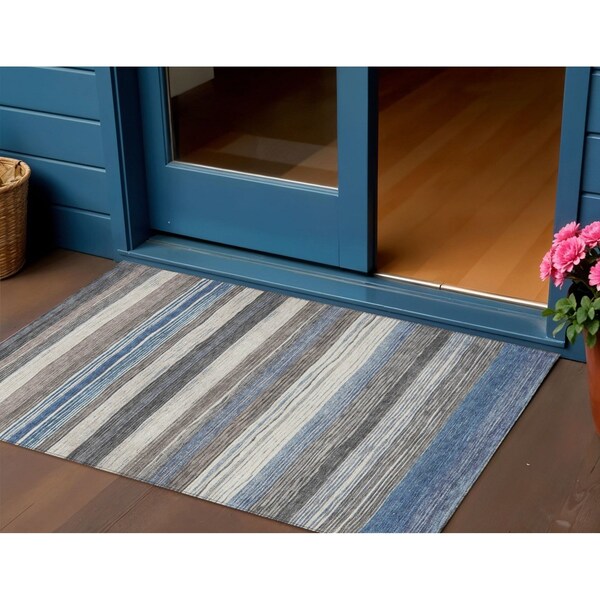 Homeroots 3' X 5' Denim Blue Beige And Taupe Striped Washable Indoor Outdoor Area Rug 618256 - main