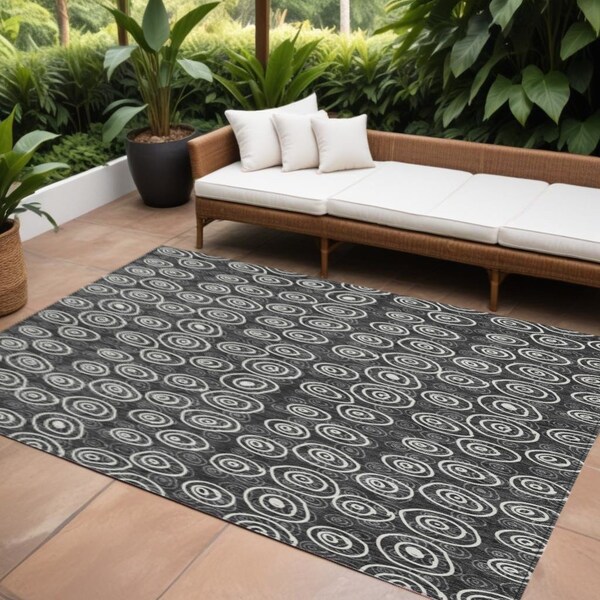 Homeroots 9' X 12' Black Gray And Ivory Geometric Washable Indoor Outdoor Area Rug 583328 - main